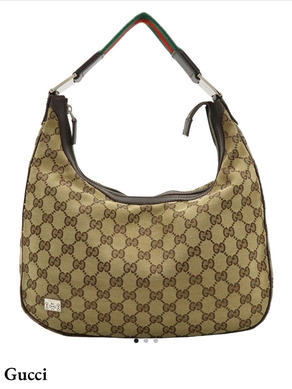 Authentic Gucci Hobo Brown GG Canvas Shoulder Bag with Green-Red Web Strap